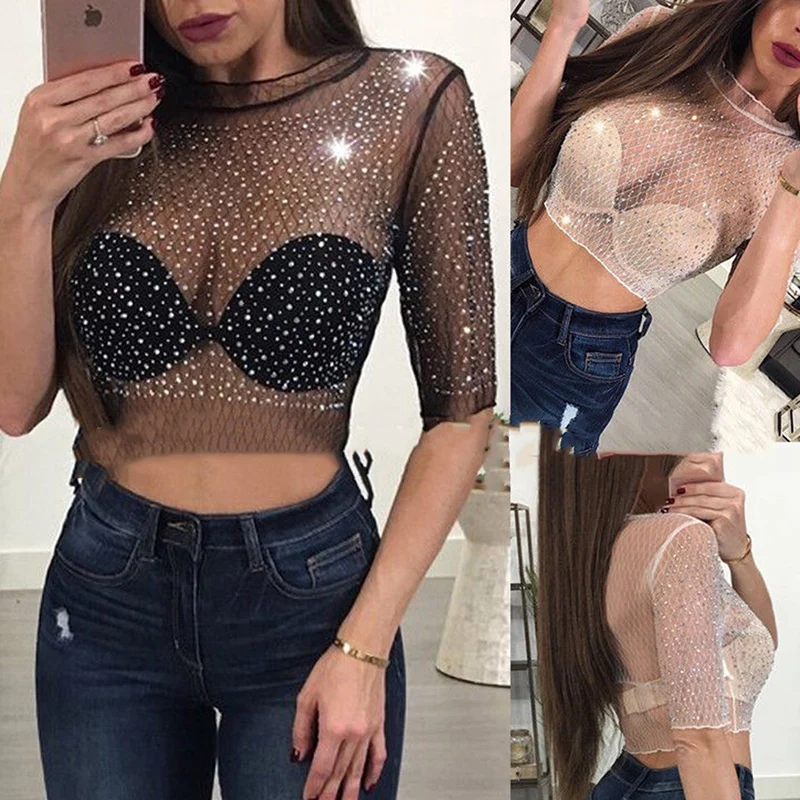 

S-XL Women Sexy Mesh Hot Drilling Transparent T-shirt Summer 2019 Half Sleeve Ladies Sexy Crop Top Fashion Mesh Sexy Crop Top