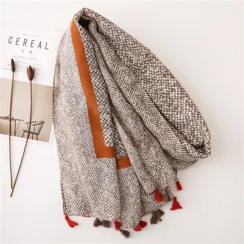

2020 bufanda mujer women hijab scarf female autumn Spain style long luxury brand orange stripes grey Sjaal Muslim Hijab Snood