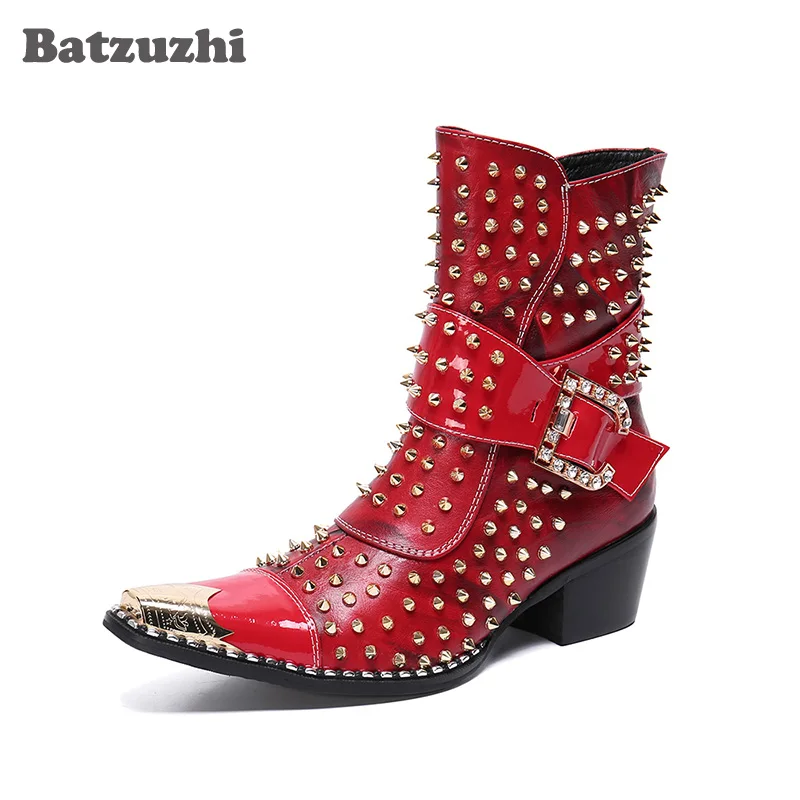 Batzuzhi 6.5cm High Heels Boots Men Rock Rivets Short Men's Boots Pointed Metal Tip Buckles Motorcycle Botas Hombre, Size 38-46