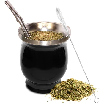 Yerba Mate Natural Gourd/Tea Cup Set 8 Ounces Bombillas Yerba Mate Straw,Cleaning Brush,Stainless Steel,Double-Walled,Easy Clean 1