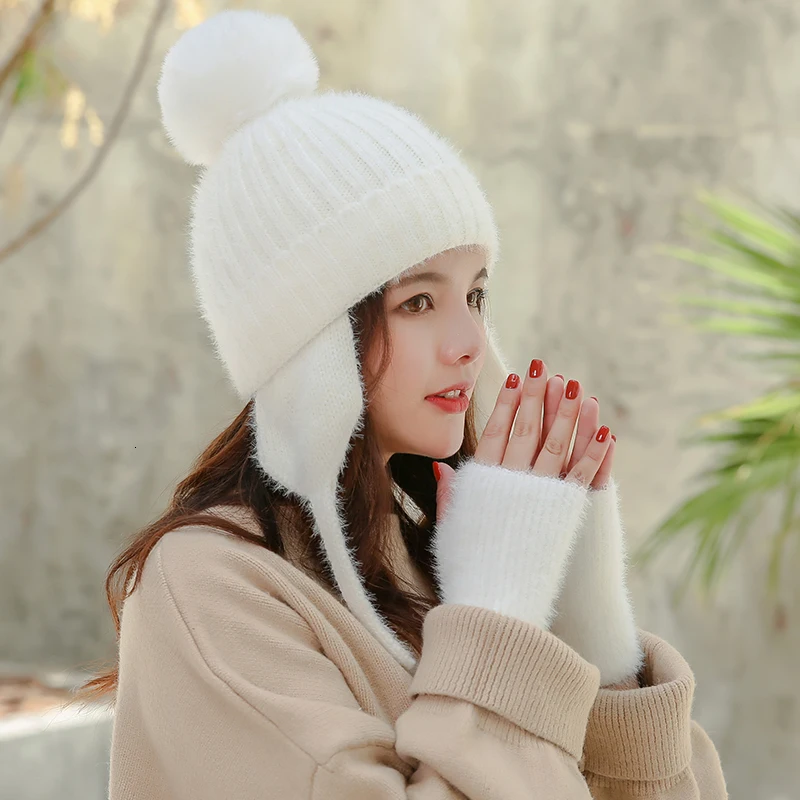 Простой теплый лыжный бренд с кроличьим мехом помпоны теплые перчатки+ вязаная шапка комплект зимняя женская шерстяная Круглая Шапочка шапка Толстая Skullies женская шапка