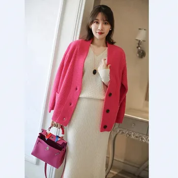 

Women's Tops V-neck Cashmere Knit Cardigan Solid Color Loose Fashion Wool Jacket Stretch Joker Long Sleeve Womenswear