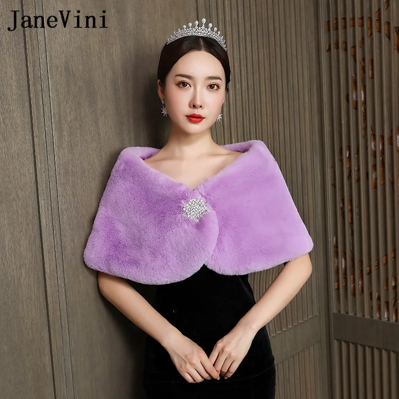 JaneVini Purple Bolero Faux Fur Shawl Wrap Beaded Pin Soft Fur Bridal Capes Wedding Jacket Women Shrugs Veste Femme Mariage 2021