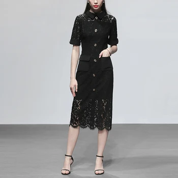 

Seifermann Summer Fashion Designer Black Sexy Lace Dress Women Short sleeve Luxury Button Party Club Slim Ladies Midi Dresses