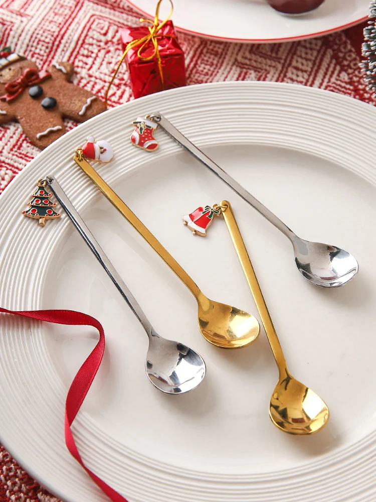 Christmas Gift Party Desserts Ice Cream Coffee Mixing Spoons Stainless Cutlery 6 Pieces 1 Set Cafe Shop Home Resturant Use