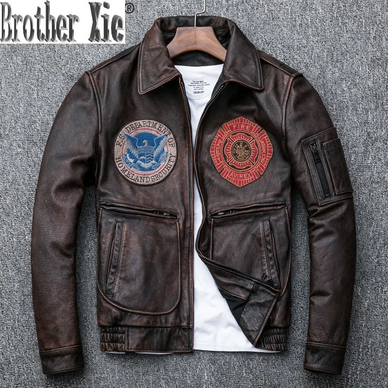 

Vintage Genuine Leather Jacket Men Real Cow Leather Flight Jacket Spring Autumn Coat for Men Casual Cowhide Jackets KJ2233