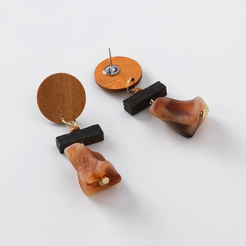 Корейская мода красочные круглые прямоугольные деревянные геометрические висячие серьги сережки с натуральным камнем для женщин ювелирные аксессуары