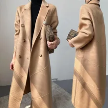 

Autumn and Winter Pure Color Water Ripple Double-sided Cashmere Coat Women's Lapel Mid-length Double-breasted Woolen Coat Women