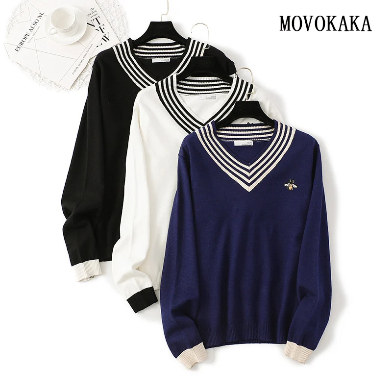 

Plus Size Fashion Autumn Winter Sweater Women Embroidery Knit Sweater Female Pullover Striped V-neck Sweater Women Jumpers Woman