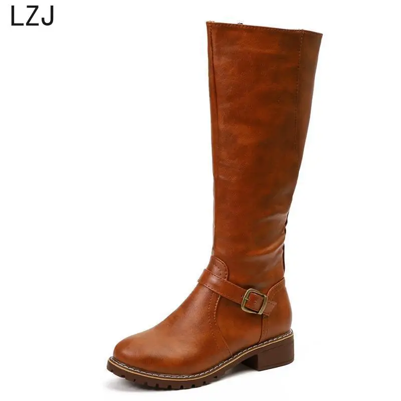 Tanie LZJ HOT New Arrival buty jeździeckie plac Med Heel futro platformy zimowe buty do kolan kobiet buty motocyklowe buty do pracy