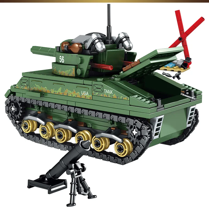 437PCSUSA Sherman M4 Танк строительные блоки техника WW2 Военный Город полицейский солдат
