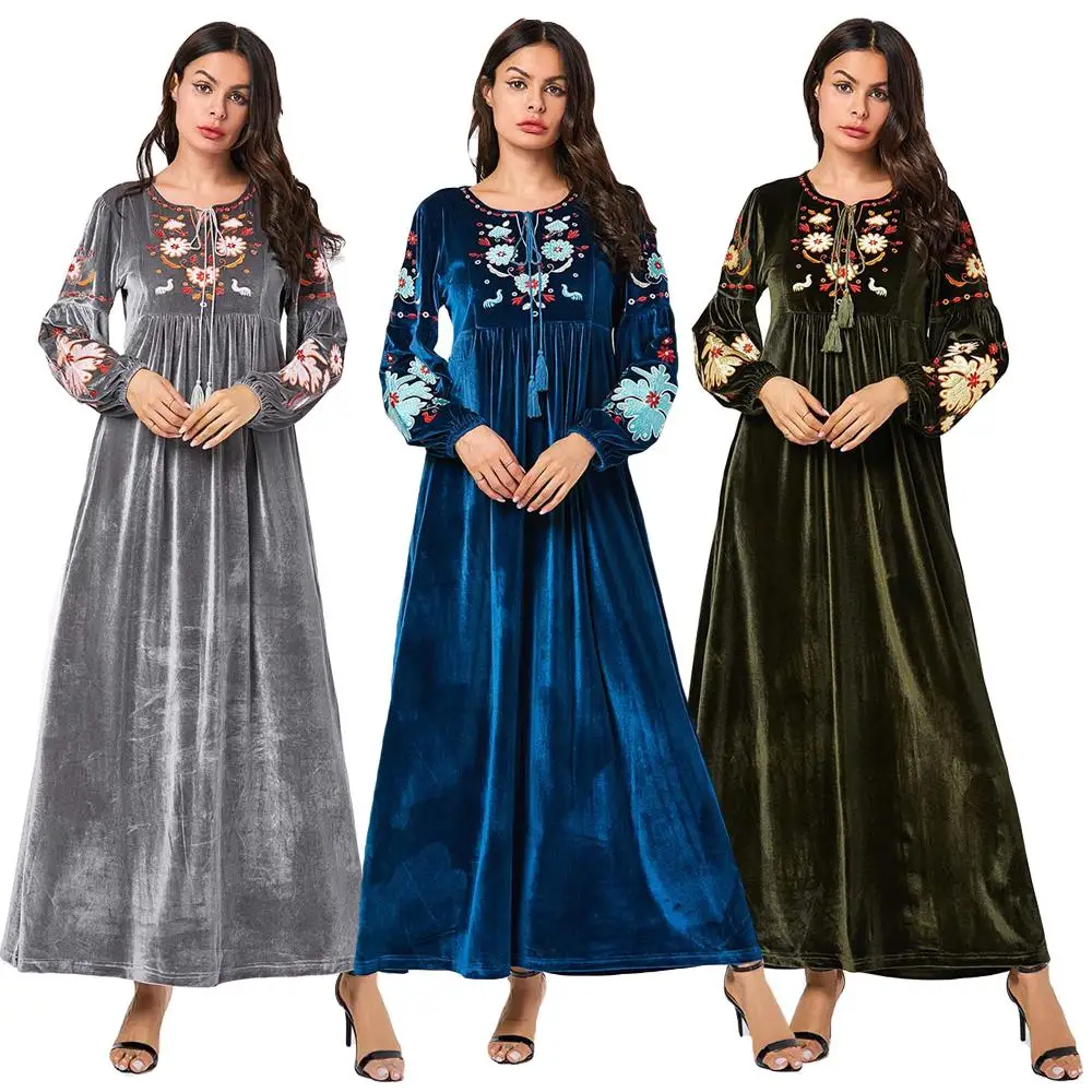 Модное женское бархатное теплое мусульманское платье abaya длинное платье с вышивкой исламские Макси-платья Дубай jilбаб с круглым вырезом платье одежда