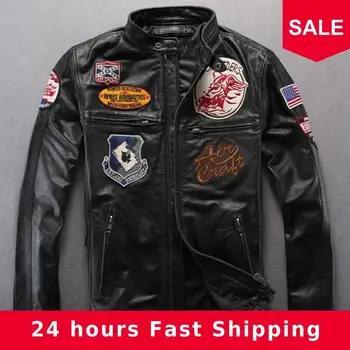 

2020 Black Men American pattern Motorcycle Leather Jacket Large Size XXXL Genuine Sheepskin Autumn Biker's Leather Coat