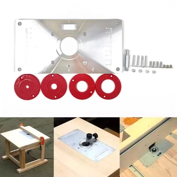 

Hot Router Table Insert Plate Woodworking Benches Aluminium Wood Router Trimmer Models Engraving Machine with 4 Rings Tools