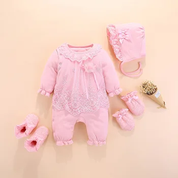 

Pink Baby Girl Romper Jumpsuit With Hat Shoes Gloves 2020 Autumn Winter New Little Girl Footies Baby Clothing