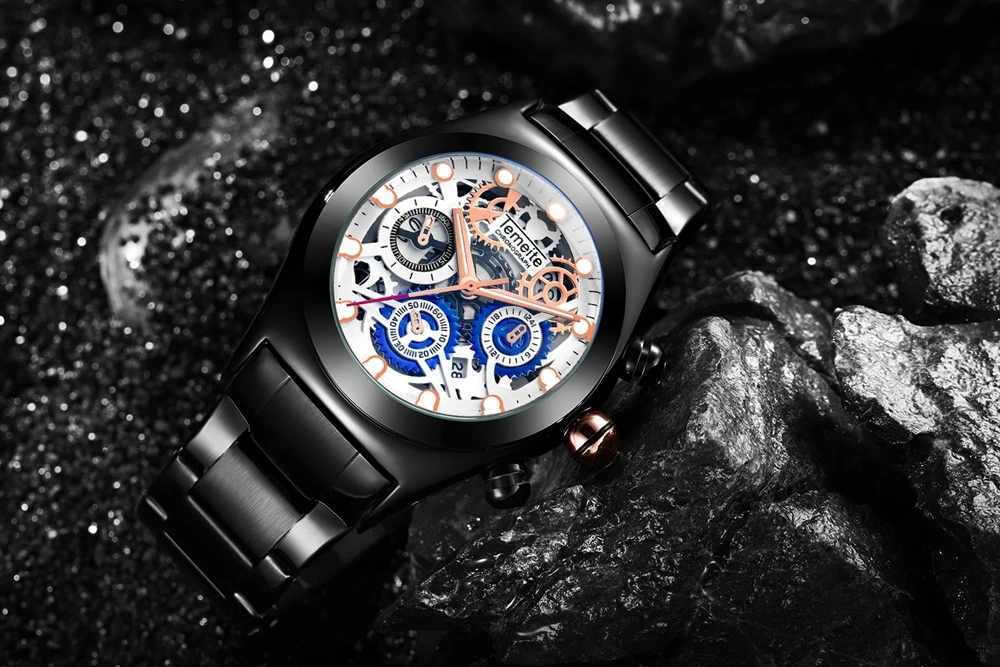 

TEMEITE Top Brand Luxury Military Large Case Quartz Watch Men's 3 Small Dial Decorated Unique Black Metal Strap Men's Watch