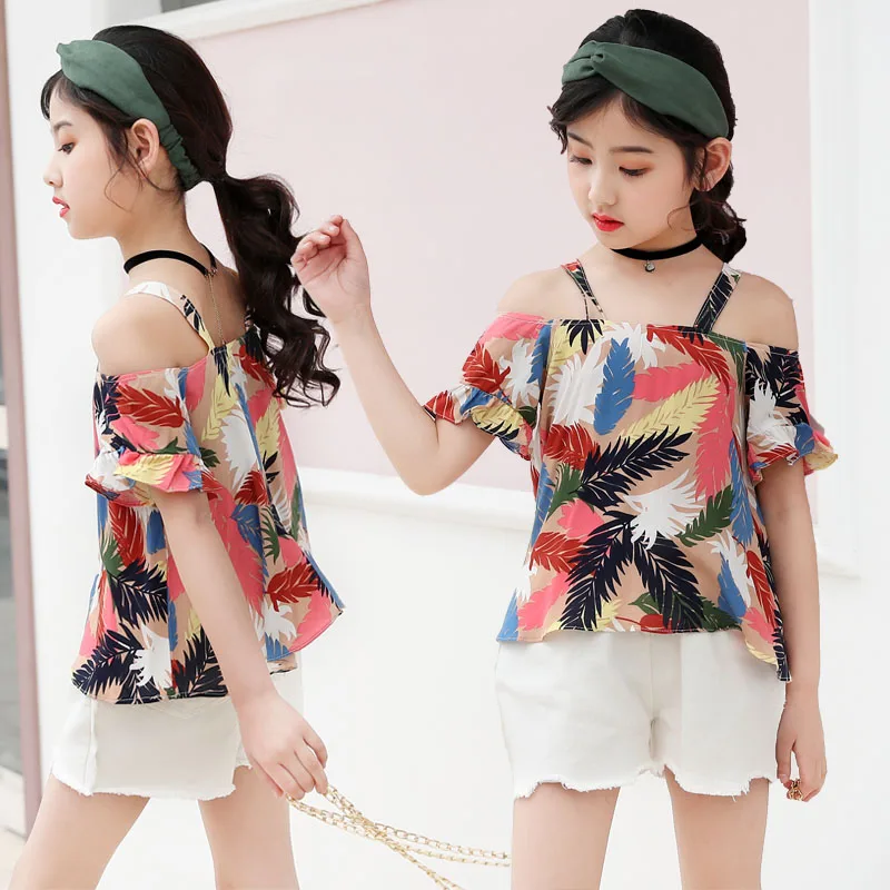 

Kids Summer Boutique 2 Pieces Matching Print Leaf Strapless Top And White Shorts Pants Shorts 2 Pieces Girl Outfit