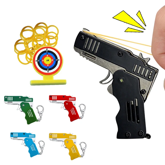 Zinc Alloy Folding Rubber Band Gun a Key Ring Pistola Kids Gift Toy Six Bursts Of Rubber Toys Game Outdoor Activities Tools 1