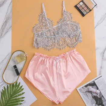 

Women's Pajamas Sets 2020 New Summer Sexy Lace Satin Sleepwear Nightdress Female Home Pajamas Underwear pijama mujer