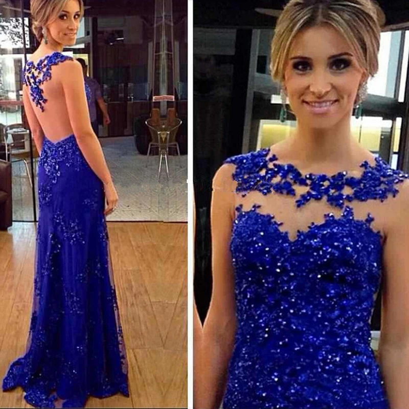 Кристаллы Длинные Сексуальные иллюзии Robe De Soiree Бисероплетение Королевское Голубое Кружевное с аппликацией официальная одежда Вечерние платья для выпускного вечера платья для подружек невесты