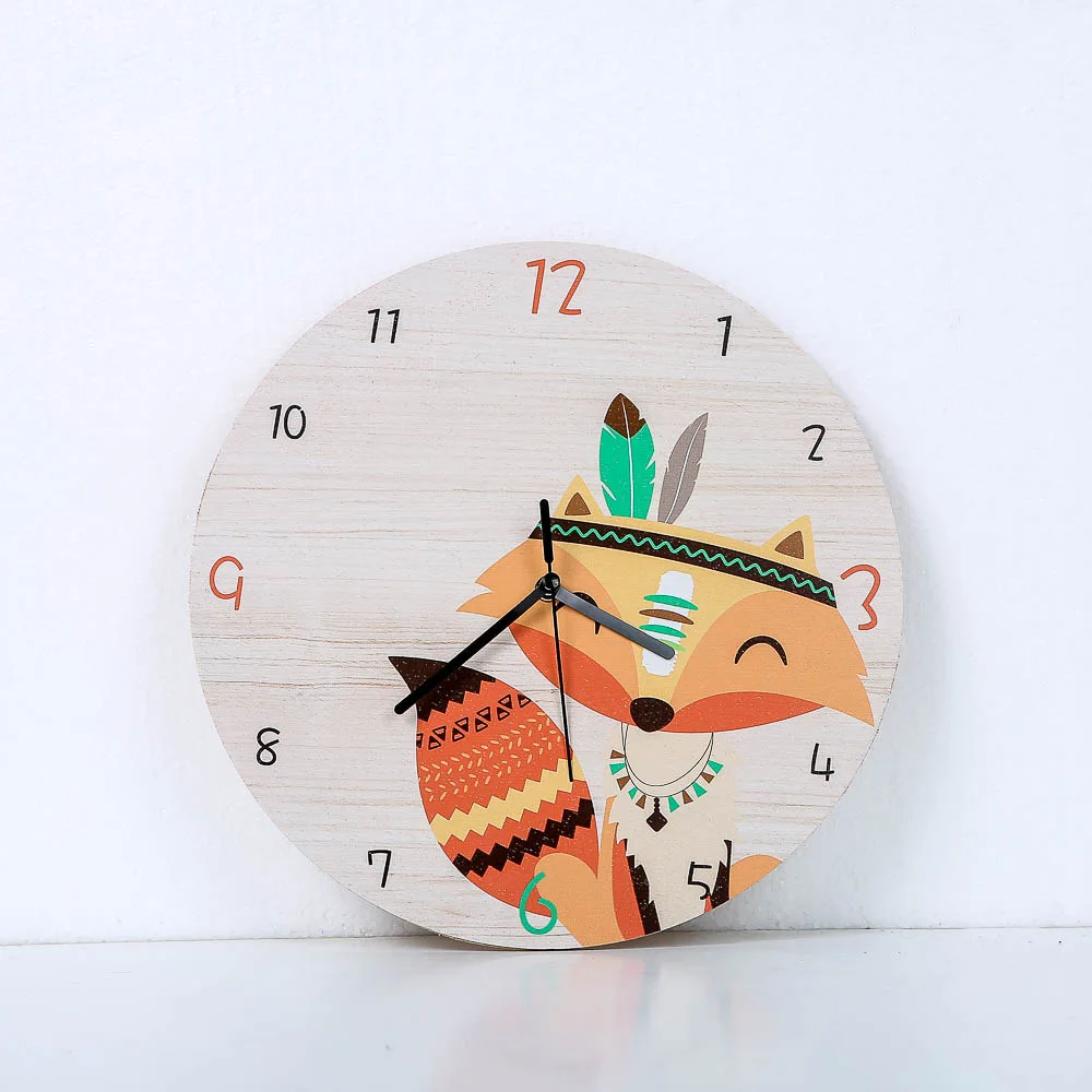 

Fox Cartoon Wooden Round Shaped Wall Clock Kids Room Decor Silent Quartz Wall Clock Nursery Baby Shower Gift Home Decoration