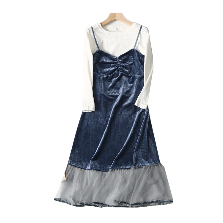 

A Generation of French Retro Gauze Strapped Dress + Base Shirt Two-Piece Set Entity