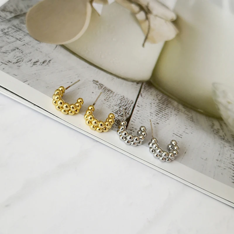 Peri'sBox 2 ряда простые золотые серьги-кольца с бусинками C Форма маленькие сережки-кольца полу округлые бусины минималистский серьги в виде колец, для Для женщин