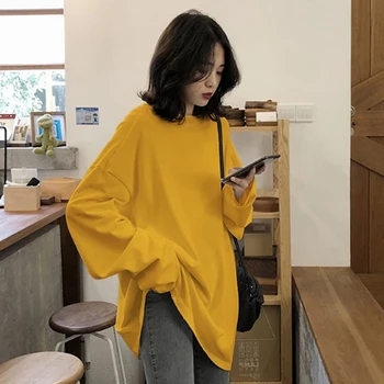 

2020 Spring Solid Simple Oversized Tshirt Harajuku Long T Shirt Women Kawaii T-Shirts Women 90s White Yellow Long Sleeve Tops