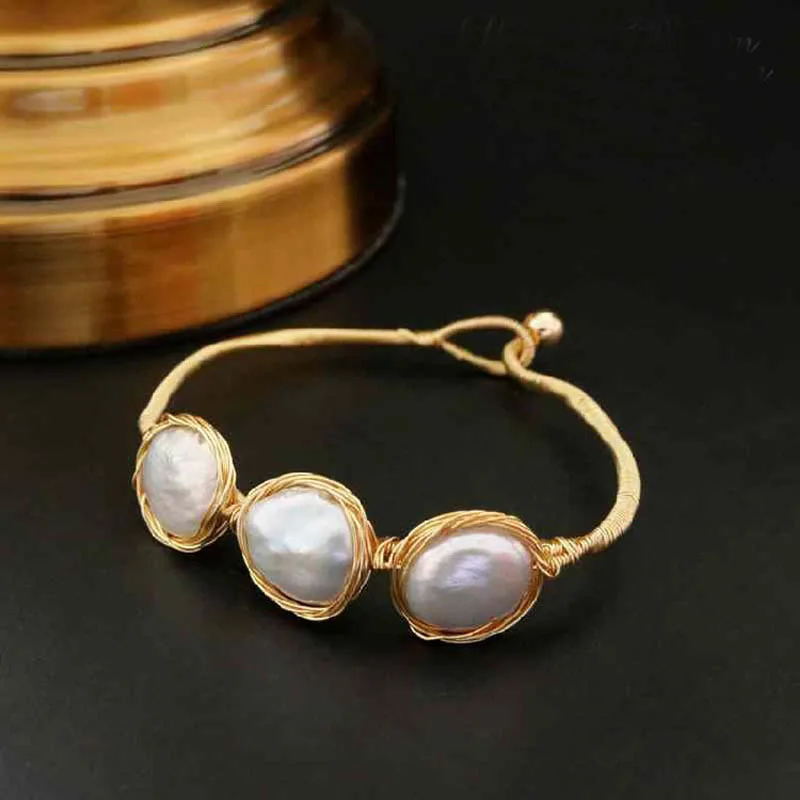 Bracelets for Women Hademade Brass wire Winding Braclet on hand Real Freshwater Pearls Baroco style femme Birthday Gifts