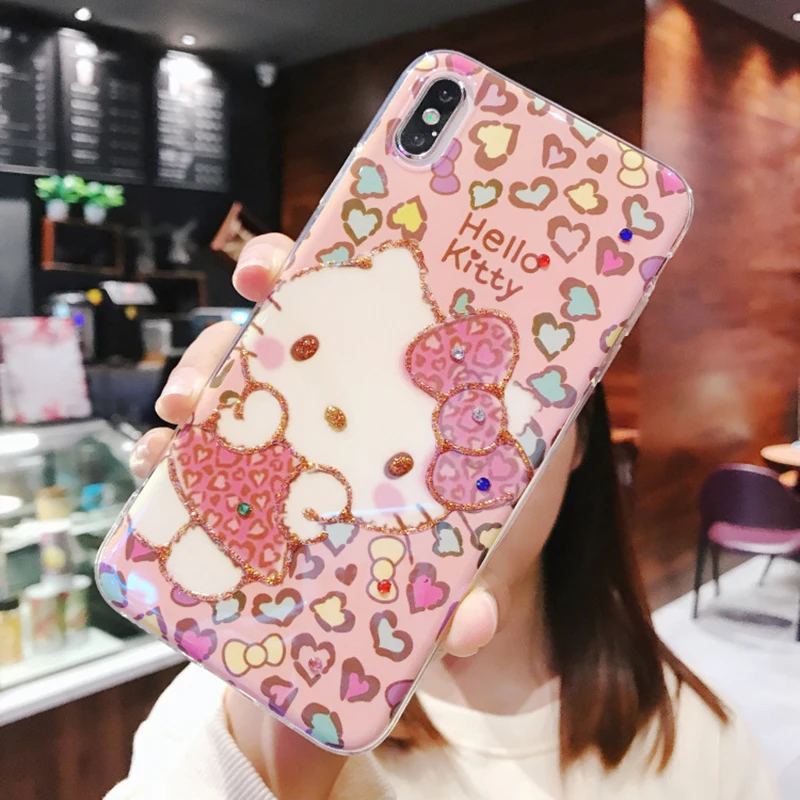 Для iPhone X Алмазный милый hello kitty Blu Ray чехол для телефона для iPhone 6 6S Plus Мягкий ТПУ KT Cat задняя крышка для iPhone 7 8 Plus