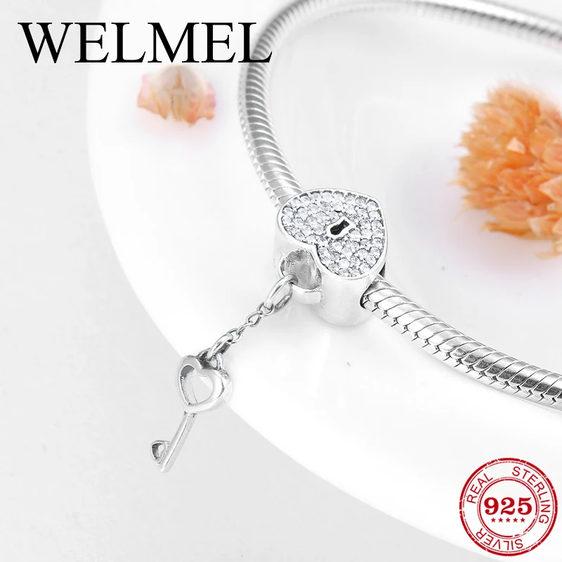 Romantic 925 Sterling Silver Love Lock Heart Key Beads Fit Original Pandora Charms Bracelet women accessories Jewelry
