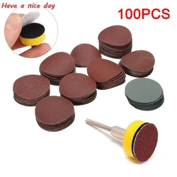Papier de verre 25mm/1 pouce, 100 pièces + 1 pouce, plaque de support de boucle à crochet, tige 1/8 pouce + 1 pièce de tampon de ponçage en boucle, abrasifs, polissage mixte 