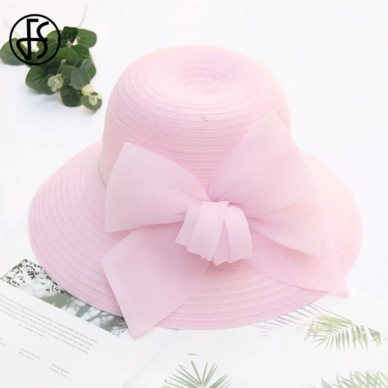 FS Pink Wide Brim Hats For Women Caps Ladies Fascinators Fedora Hat Flower Wedding Church Party Beach Sun Hats