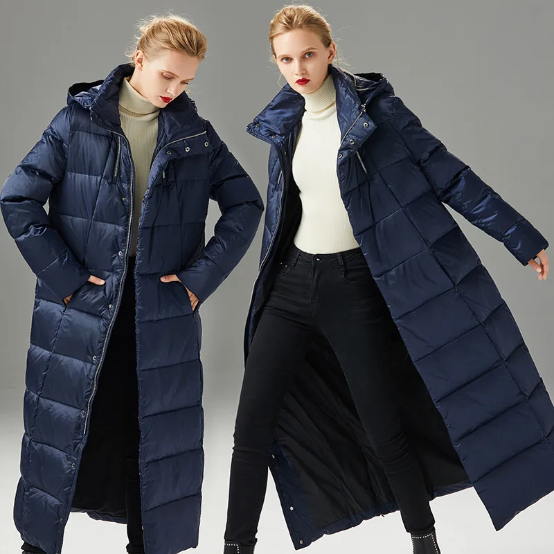 Elifashion, новинка, европейский и американский стиль, с капюшоном, белый утиный пух, куртка для женщин, приталенный, удлиненный, утолщенный, модный