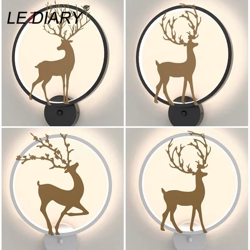 Настенная круглая лампа LEDIARY с золотым оленем Современное украшение для гостиной