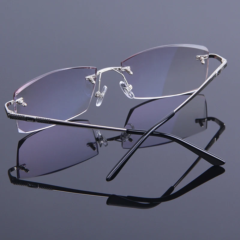 Koop High Grade Diamond Snijden Lezen Leesbril Mannen Gradiënt Grijs Lens Randloze Frame Anti Straling Brillen Nieuwe Business Mannelijke