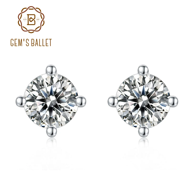 

GEM'S BALLET 925 Sterling Silver Classic Round 4 Prong Stud Earrings 1.0Ct D Color Moissanite Diamond Earrings For Women Wedding