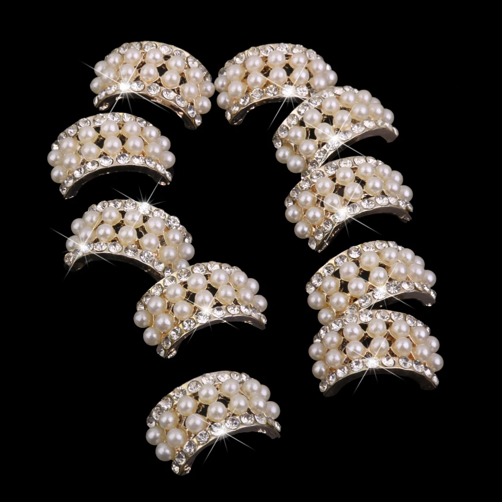 10 pcs Gold Crystal Rhinestone Pearl Button Brooch For Hair Bow Bouquet Decor