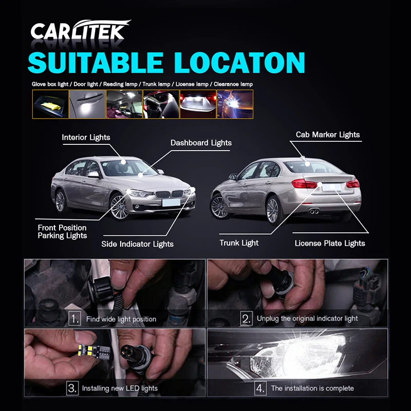 CARLitek 2/10x W5W T10 LED  CANBUS 194 168 Led ڵ ׸     ڵ ȣ  6000K 12/24V