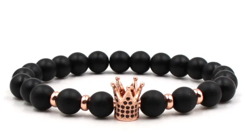 8mm zg53 elastic adjusted nature Frosted agate Onyx black stone volcanic lava micro pave Crown cz cubic zirconia Bracelet