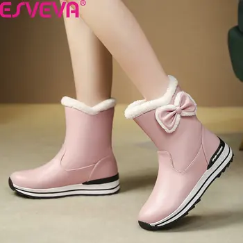 

ESVEVA 2020 Butterfly-Kno Wedge Heel Ankle Boots Winter Warm Fur Snow Boots Round Toe PU Leather Casual Women Shoes Size 34-43