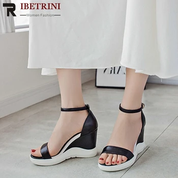 

RIBETRINI Cow Leather Fashion Women Shoes Women Open Toe Platform Ankle Stra Wedges Sandals Leisure Sandals