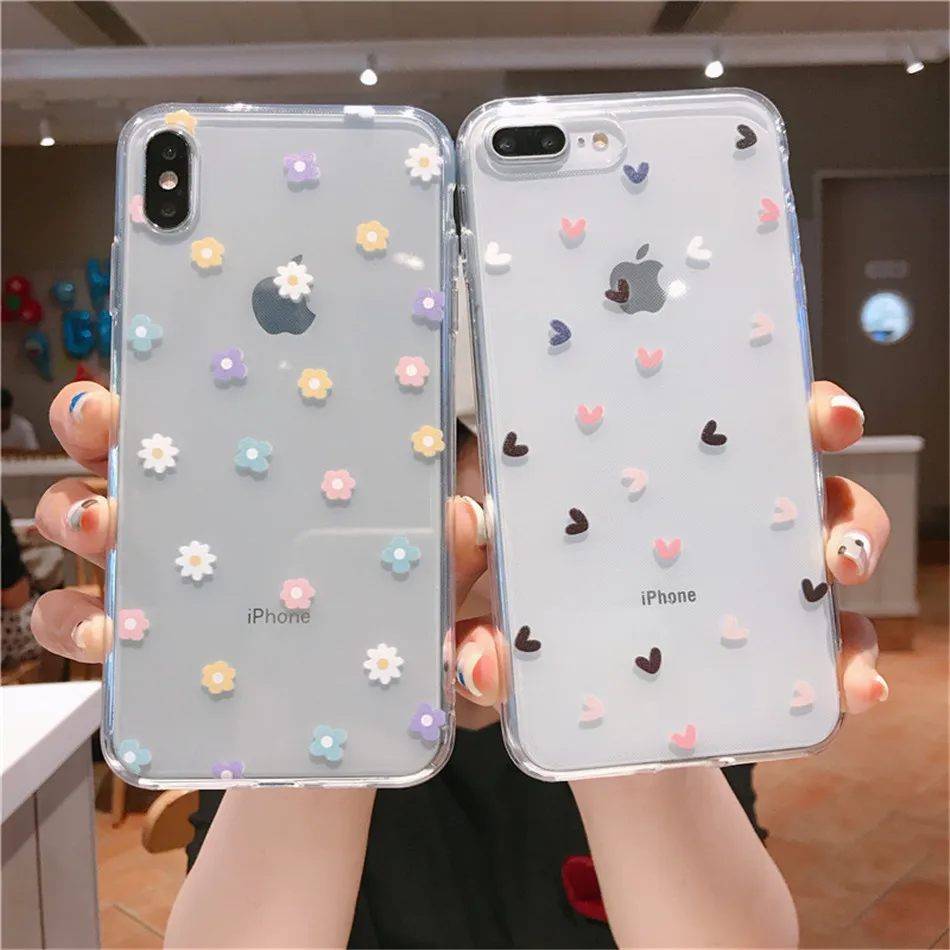 Cute Clear Cartoon Flower Phone Case For Iphone 13 11 14 Pro Max 12 Mini X Xr Xs Max Se 6s 7 8 Plus Soft Love Heart Back Cover Phone Case Covers Aliexpress