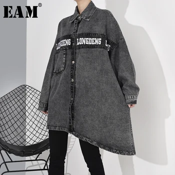 

[EAM] Loose Fit Black Letter Printed Irregular Big Size Denim Jacket New Lapel Long Sleeve Women Coat Fashion Spring 2020 1N8900