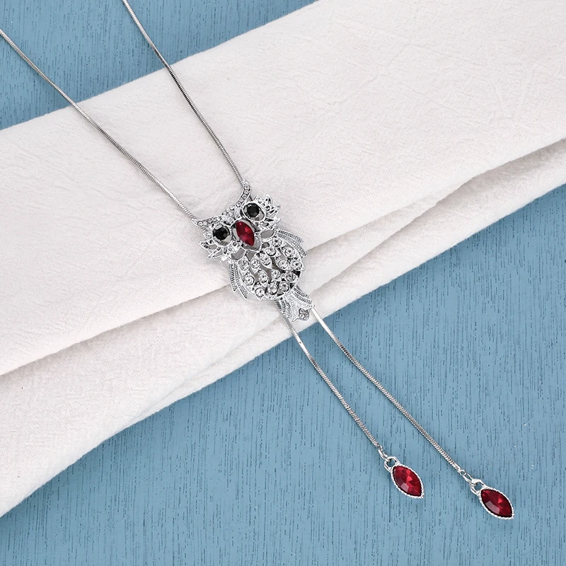Collier Femme, винтажные серебряные ожерелья и подвески с кристаллами в виде совы для женщин, Длинные ожерелья, женский свитер, цепочка, ювелирное изделие на Рождество
