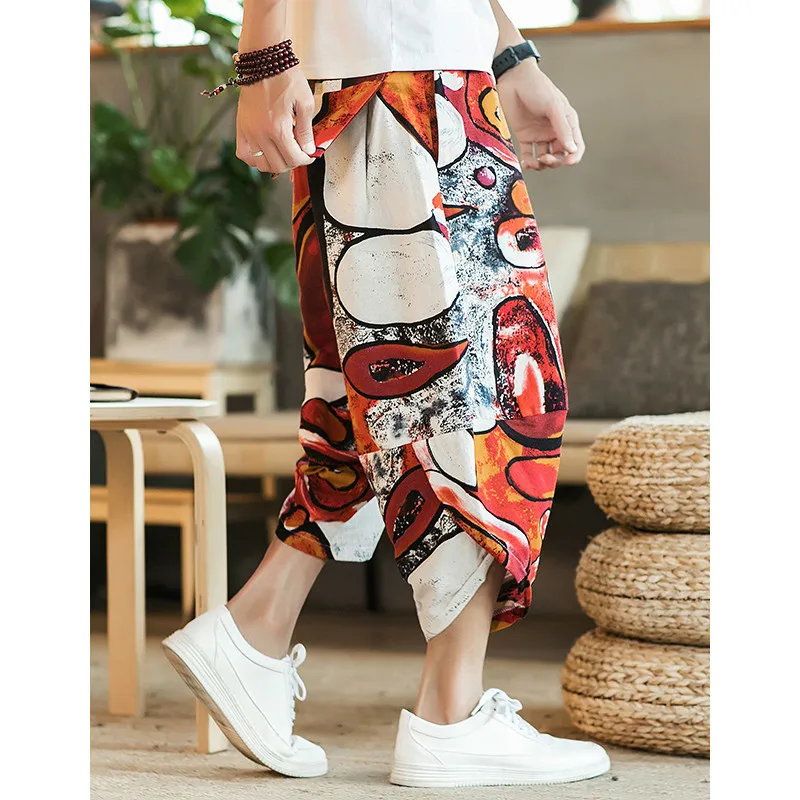 Mens Cotton Linen Pants Male Summer Casual Ankle-Length Pants Man Pattern Print Baggy Loose Trousers Hip Hop Streetwear