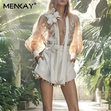 [MENKAY] осенний женский костюм, вышивка, перспективная кружевная блузка, топы, женские белые широкие шорты с высокой талией, комплект из двух предметов
