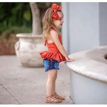 

Newly Lovely Toddler Baby Girls 1T-6T Clothes Sets Orange Solid Sleeveless Belt Ruffles Vest Dress+Denim Shorts Headband 3pcs