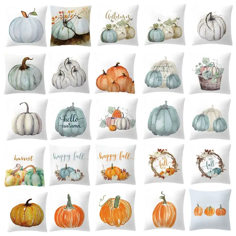 

Autumn Decorative Watercolor Pumpkin Printed Waist Throw Pillow Case Peach Velvet for Halloween Thanksgiving Day