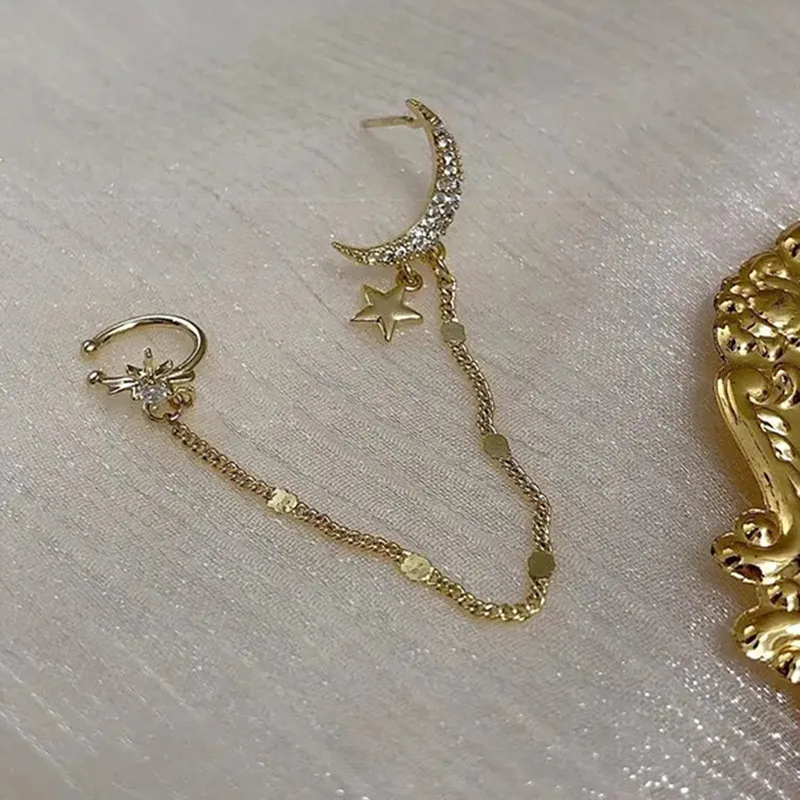 Gold Color Moon Star Clip Earrings for Women Simple Fake Cartilage Long Tassel Ear Cuff Jewelry Gift ear clip earrings clip earrings ear clip ear accessories